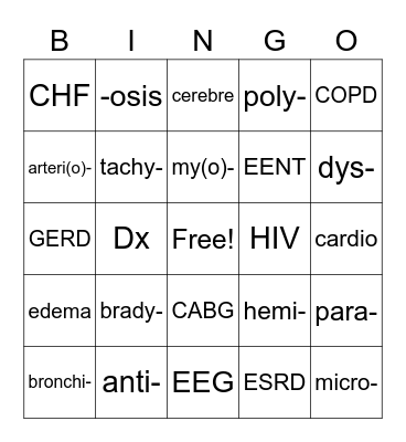 Medical Terminology Bingo Card