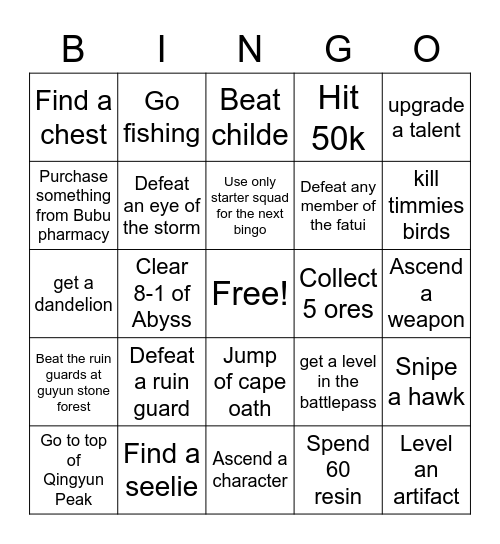 Genshin Impact Mondstadt and Liyue Bingo Card