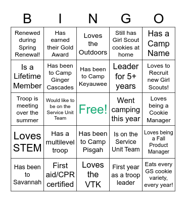 Getting to know your Girl Scout sisters! Bingo Card