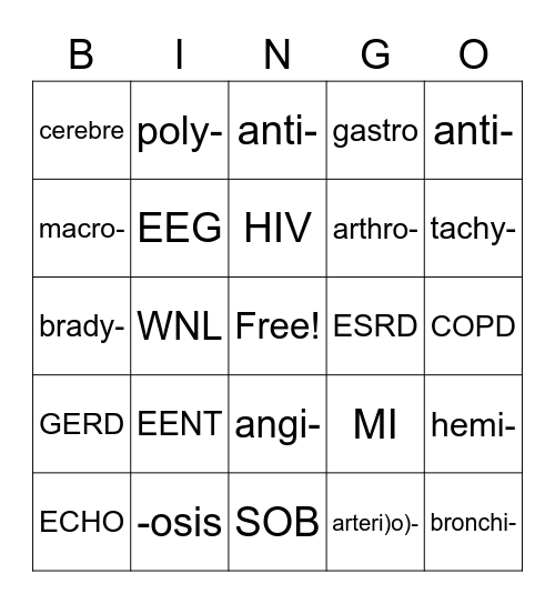 Medical Terminology Bingo Card