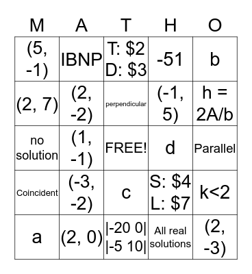 Algebra Unit 8 Matho Bingo Card