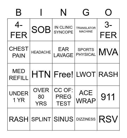 CG URGENT CARE Bingo Card