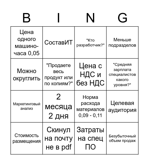 Экономический раздел Бинго Bingo Card