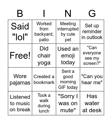 Remote Work Bingo Card