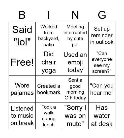 Remote Work Bingo Card