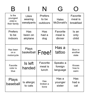 Ice breaker Bingo Card