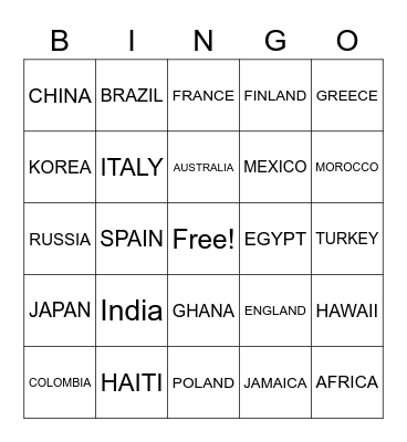 Different Countries Bingo Card