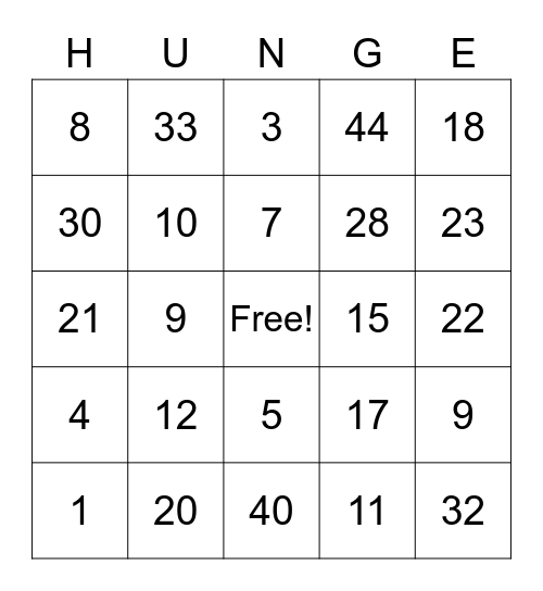 Hunger Action Bingo Card