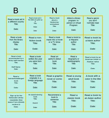 Swissvale Library Summer Reading Bingo Card