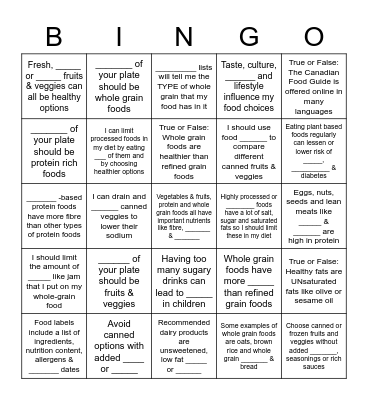 CANADIAN FOOD GUIDE Bingo Card