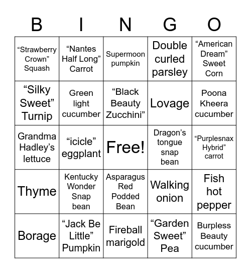 Kitchen Garden Bingo Card