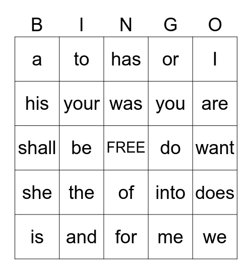 High Frequency Word Bingo Card