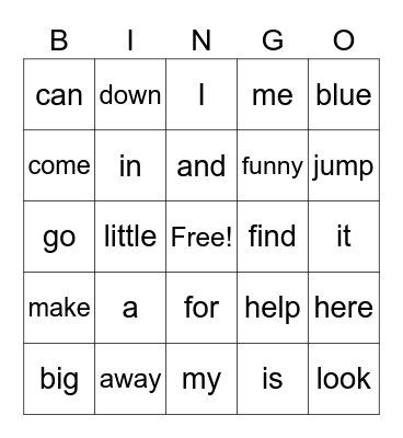 Sight Word Bingo Card
