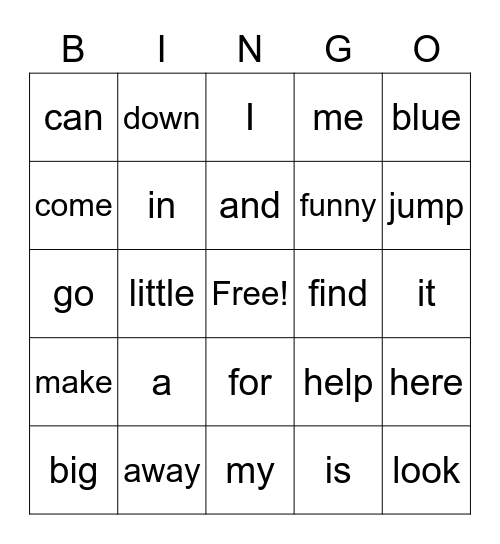 Sight Word Bingo Card