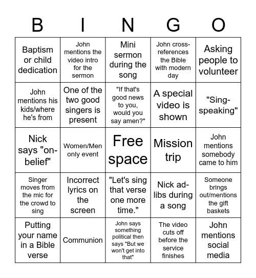 Church Bingo Card