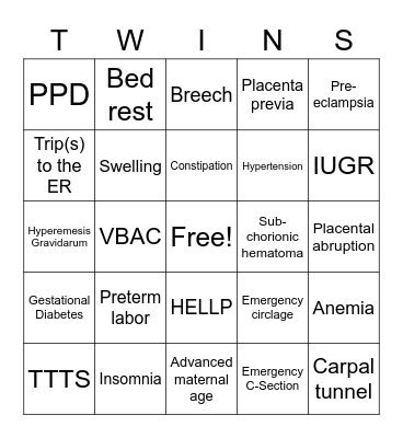 Twin Pregnancy Complication Bingo! Bingo Card