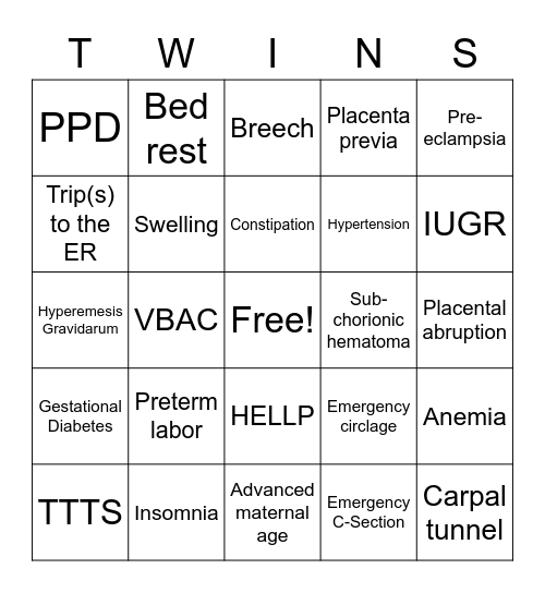 Twin Pregnancy Complication Bingo! Bingo Card