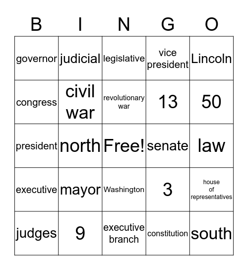 US Constitution Bingo Card