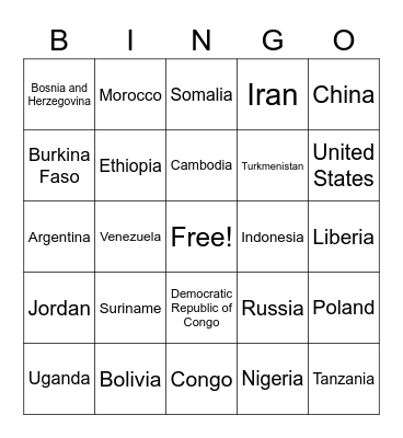 Country Bingo Card