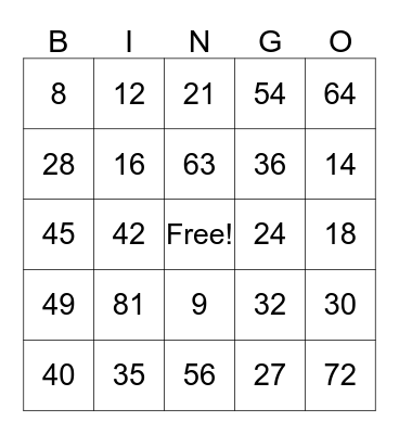 Multiplication 6-9 Bingo Card