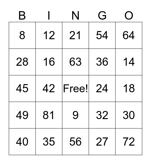 Multiplication 6-9 Bingo Card