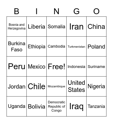 Country Bingo Card