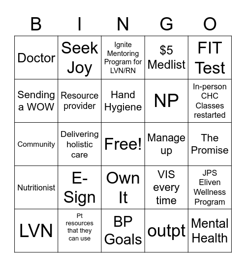 CHC NEMH Bingo Card