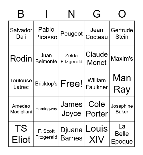 Midnight in Paris Bingo Card