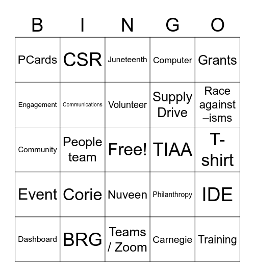 CSR Happy Hour Bingo Card