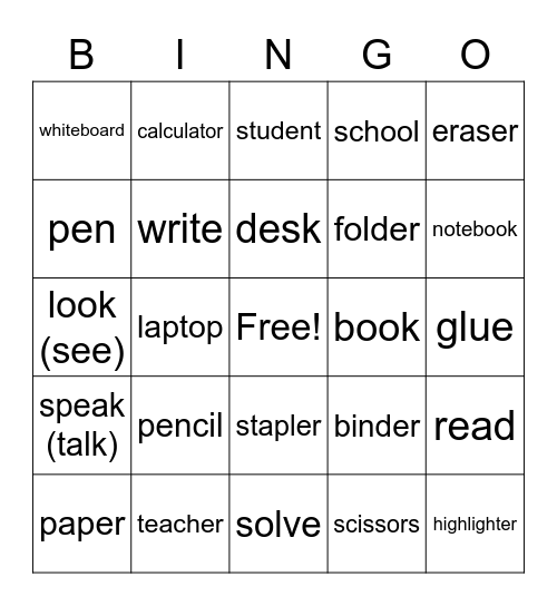 School Vocabulary Bingo Card