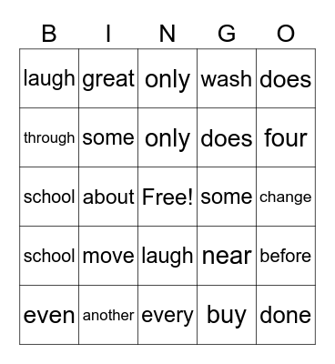 Sight Word Bingo Card