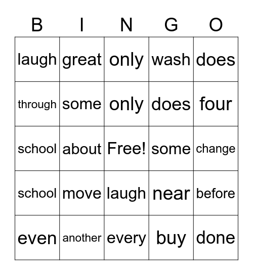Sight Word Bingo Card