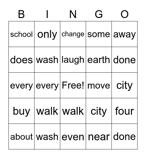 Sight Word Bingo Card