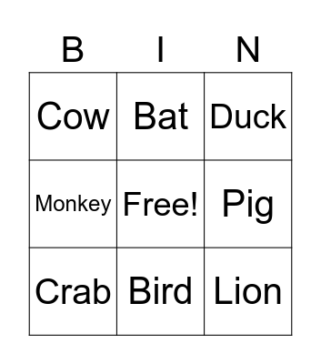 Animals Bingo Card
