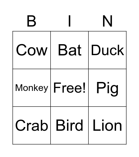Animals Bingo Card