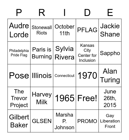 PRIDE BINGO Card