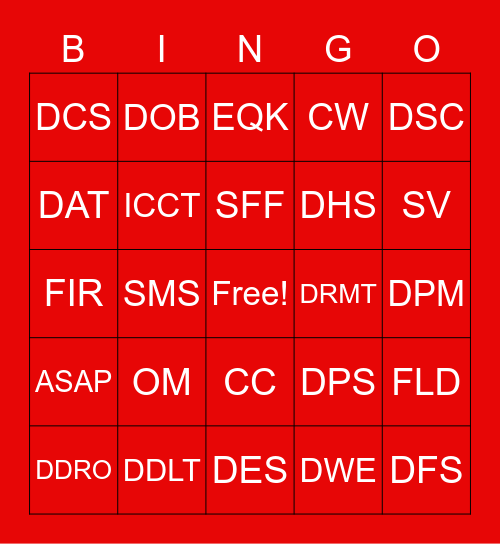 Red Cross Acronym Bingo Card