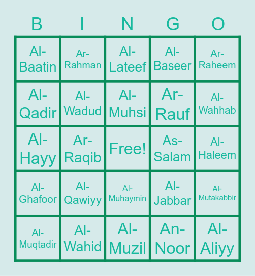 Asma Ul Husna Bingo Card