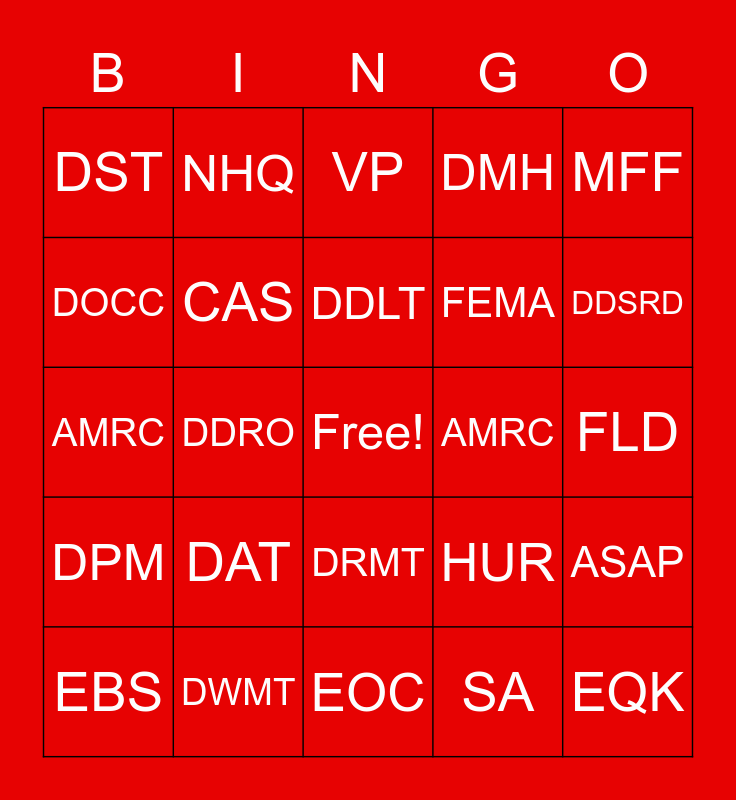 Red Cross Acronym Bingo Card