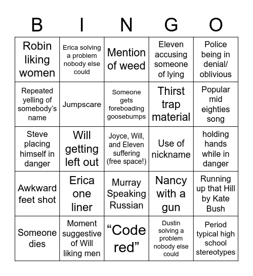 Stranger Things Bingo Card