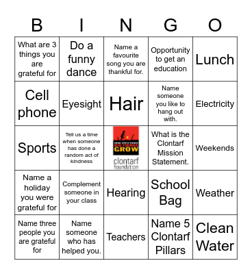 Gratitude Bingo Card