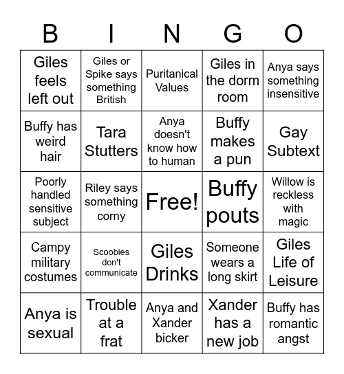 Buffy Season 4 (Kieran & Kale Edition) Bingo Card