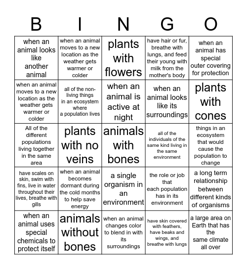 Animal Classification, Ecosystem, and Adaption Review Bingo Card