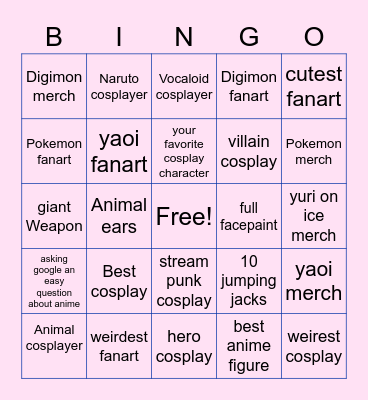 Anime Convention Bingo Card