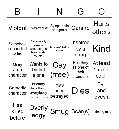 Ener OC Bingo Card