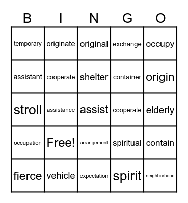 B2U8 Vocabulary Bingo Card