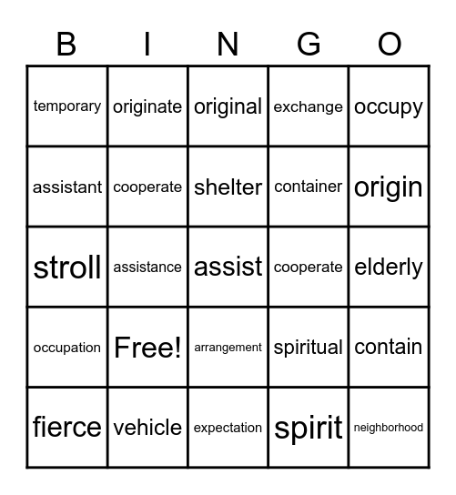 B2U8 Vocabulary Bingo Card