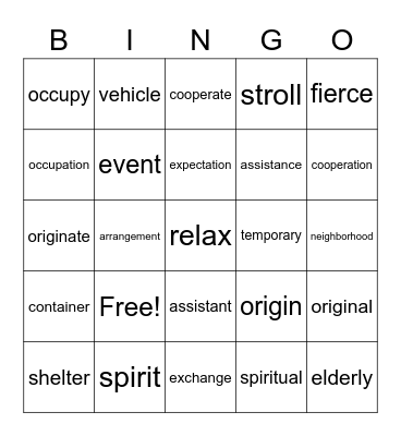 B2U8 Vocabulary Bingo Card