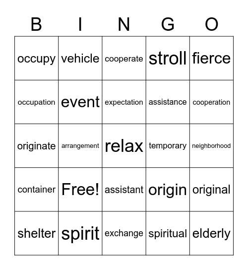 B2U8 Vocabulary Bingo Card