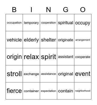 B2U8 Vocabulary Bingo Card